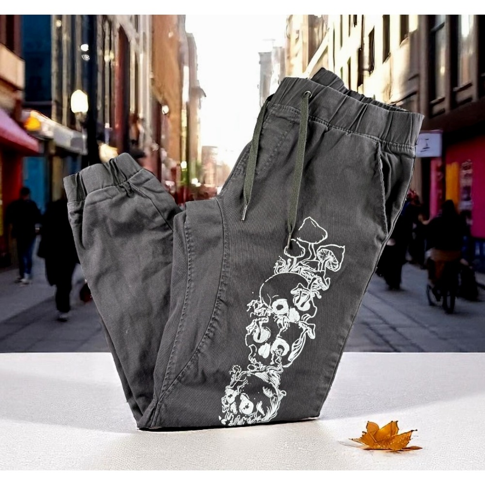 Ring Of Fire Joggers Men Large Skulls Black Shrooms Drawstring Street Gorp Fade‎